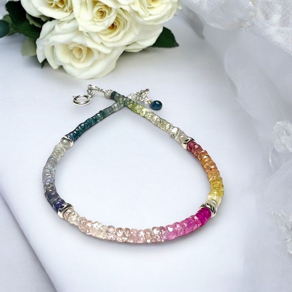 Natural Ombre Rainbow Sapphire Bracelet in Solid 14K White Gold, 7 1/2" - 7.9" - Picture 7 of 9